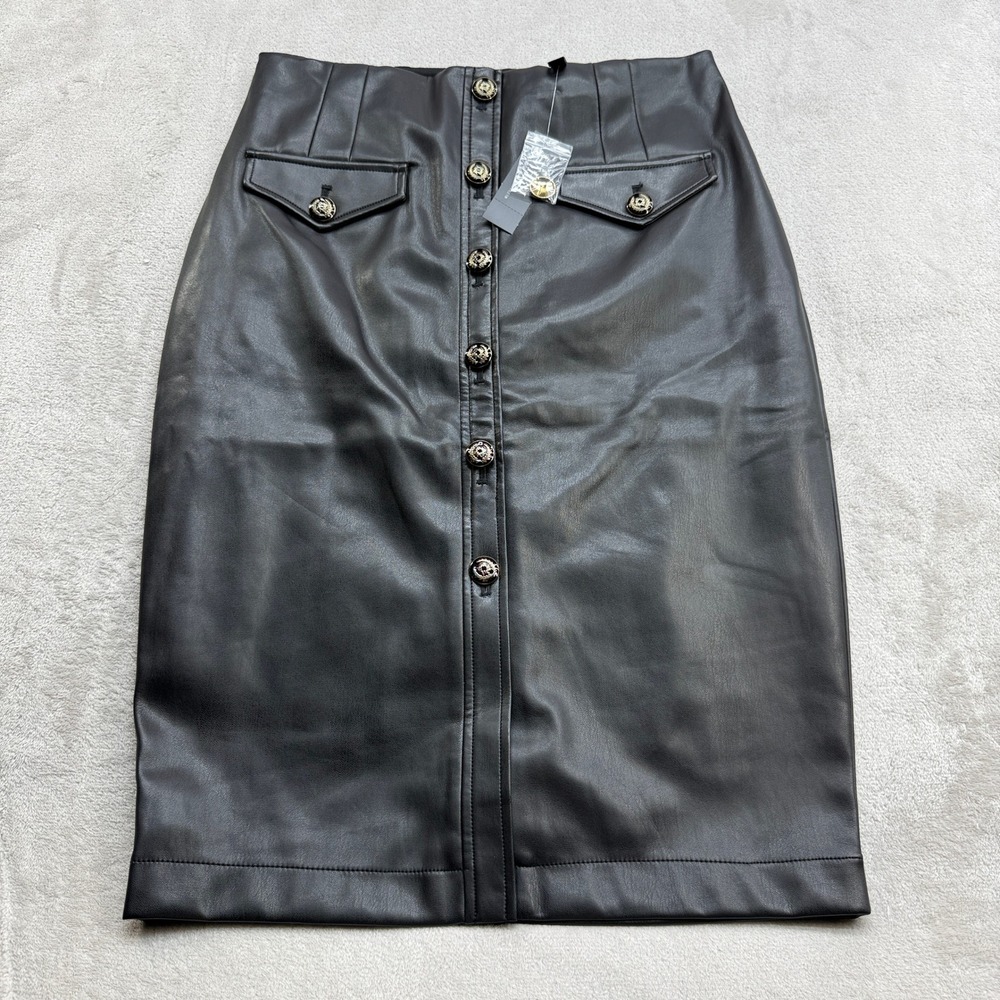 White House Black Market Faux Leather Skirt Women 10 Black Button Corporate Goth